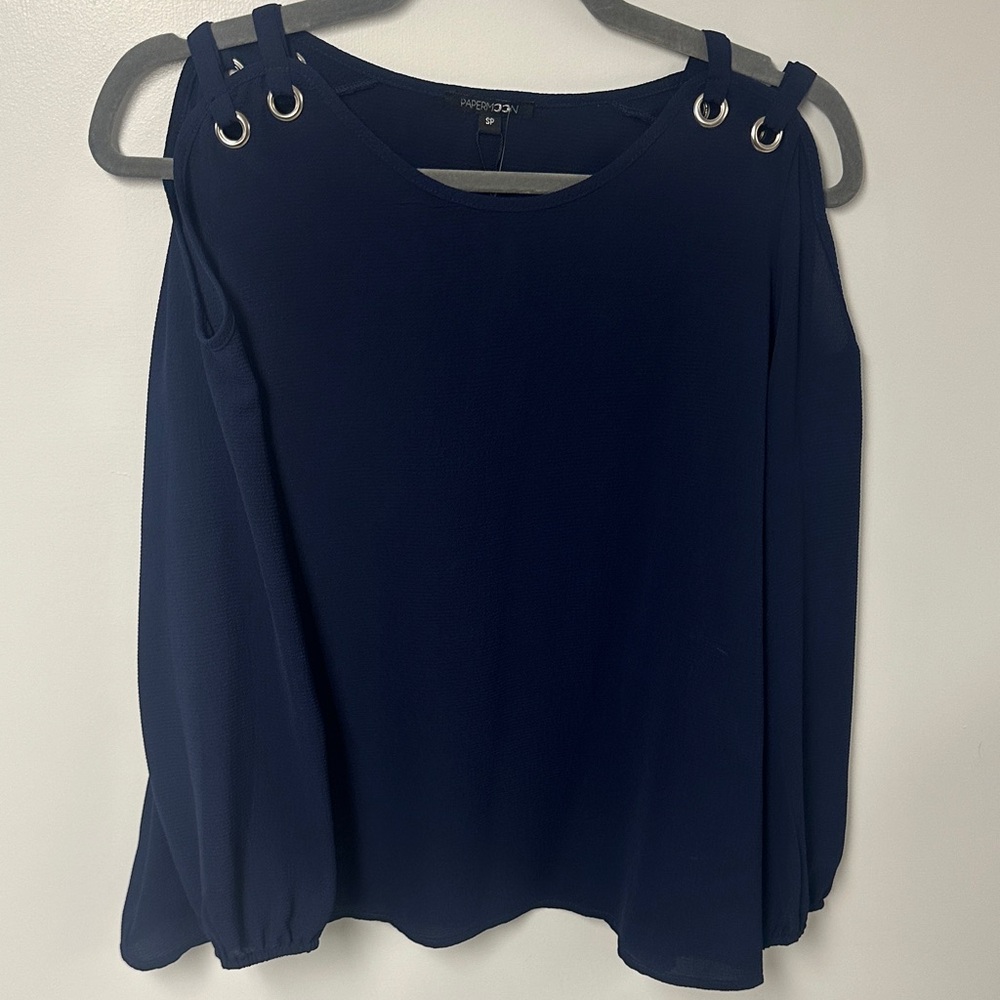 Papermoon Navy Cold-Shoulder Blouse with Grommet Straps